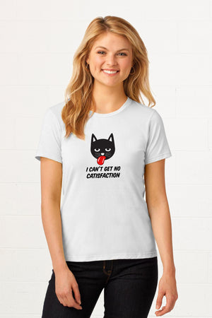 White T-shirt with a black cat face sticking its tongue out. Underneath it are the words I Can’t Get No CATISFACTION written in black.  