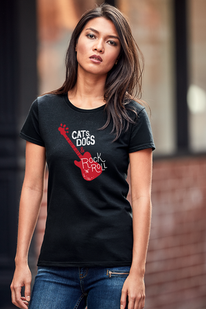 Women's Black shirt with a red guitar and the words cats dogs and rock n roll in white