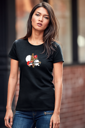 Chihuahua Music Graphic Tee.  Black t-shirt with a Chihuahua in a marching band playing a red and white guitar and drums.