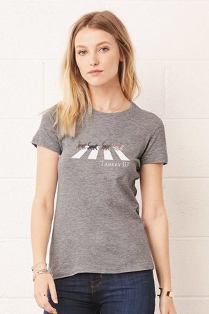 Women's T-Shirt design with four different tabby cats walking across Abbey Road,  Original design based on The Beatles famous album cover Abbey Rd.  T-shirt in the color light heather grey