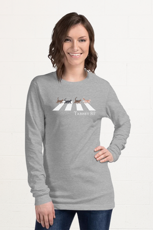 Long Sleeve Shirrt design with four different tabby cats walking across Abbey Road,  Original design based on The Beatles famous album cover Abbey Rd. 