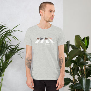 White T-Shirt design with four different tabby cats walking across Abbey Road,  Original design based on The Beatles famous album cover Abbey Rd.  Men's and Unisex T-shirt