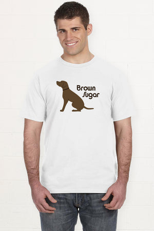 White t-shirt with a brown Labrador and the words brown Sugar