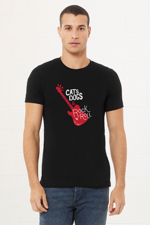 Black shirt with a red guitar and the words cats dogs and rock n roll in white