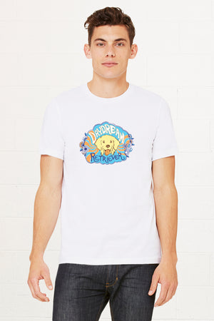 White The Monkees t-shirt with colorful flowers, the words Daydream Retriever and a happy golden retriever face in the middle