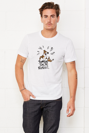 White T-Shirt with a jumping Jack Russell dog on the front and the words Jumpin Jack Russel written below in black.