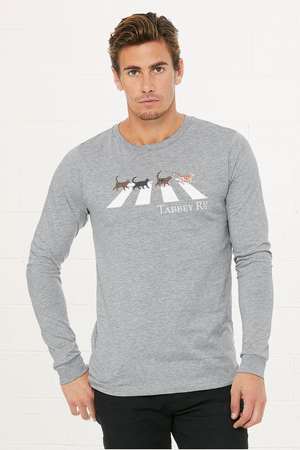 long sleeve shirt design with four different tabby cats walking across Abbey Road,  Original design based on The Beatles famous album cover Abbey Rd.  Unisex fit