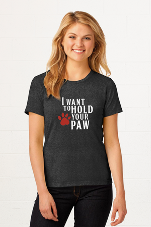 T-shirt design with a red paw print and the words I want to hold your PAW in white letters
