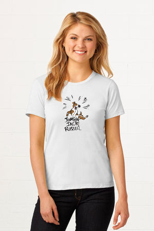 Women's White T-Shirt with a jumping Jack Russell dog on the front and the words Jumpin Jack Russel written below in black.
