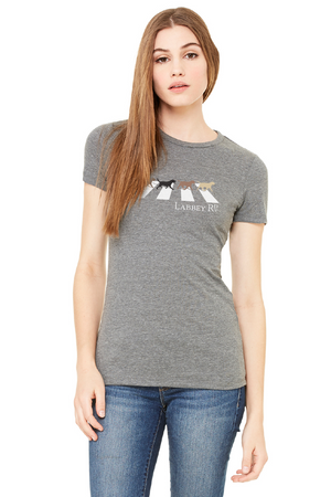 Women's shirt design with four different Labrador dogs walking across Abbey Road.  Based on the Beatles famous album covers Abbey Road.