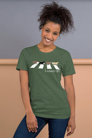 Dark green unisex shirt design with four different Labrador dogs walking across Abbey Road.  Based on the Beatles famous album covers Abbey Road.
