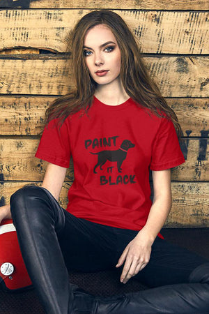  Woman in a red shirt with the words Paint it Black in black writing with a black lab illustration in between