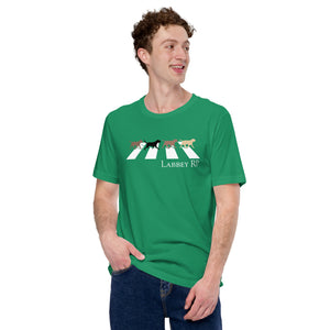 Men's and Unisex bright green shirt design with four different Labrador dogs walking across Abbey Road.  Based on the Beatles famous album covers Abbey Road.