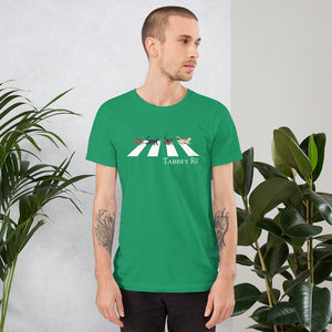 Kelly green T-Shirt design with four different tabby cats walking across Abbey Road,  Original design based on The Beatles famous album cover Abbey Rd.   Men's and Unisex