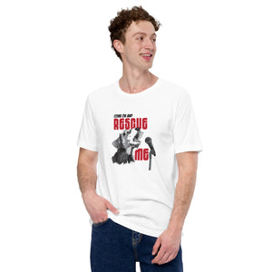 White t-shirt with a black and white dog singing into a microphone with the lyrics "Come on and Rescue Me" in red letters