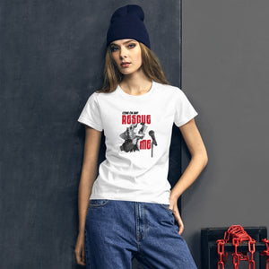 White t-shirt with a black and white dog singing into a microphone with the lyrics "Come on and Rescue Me" in red letters